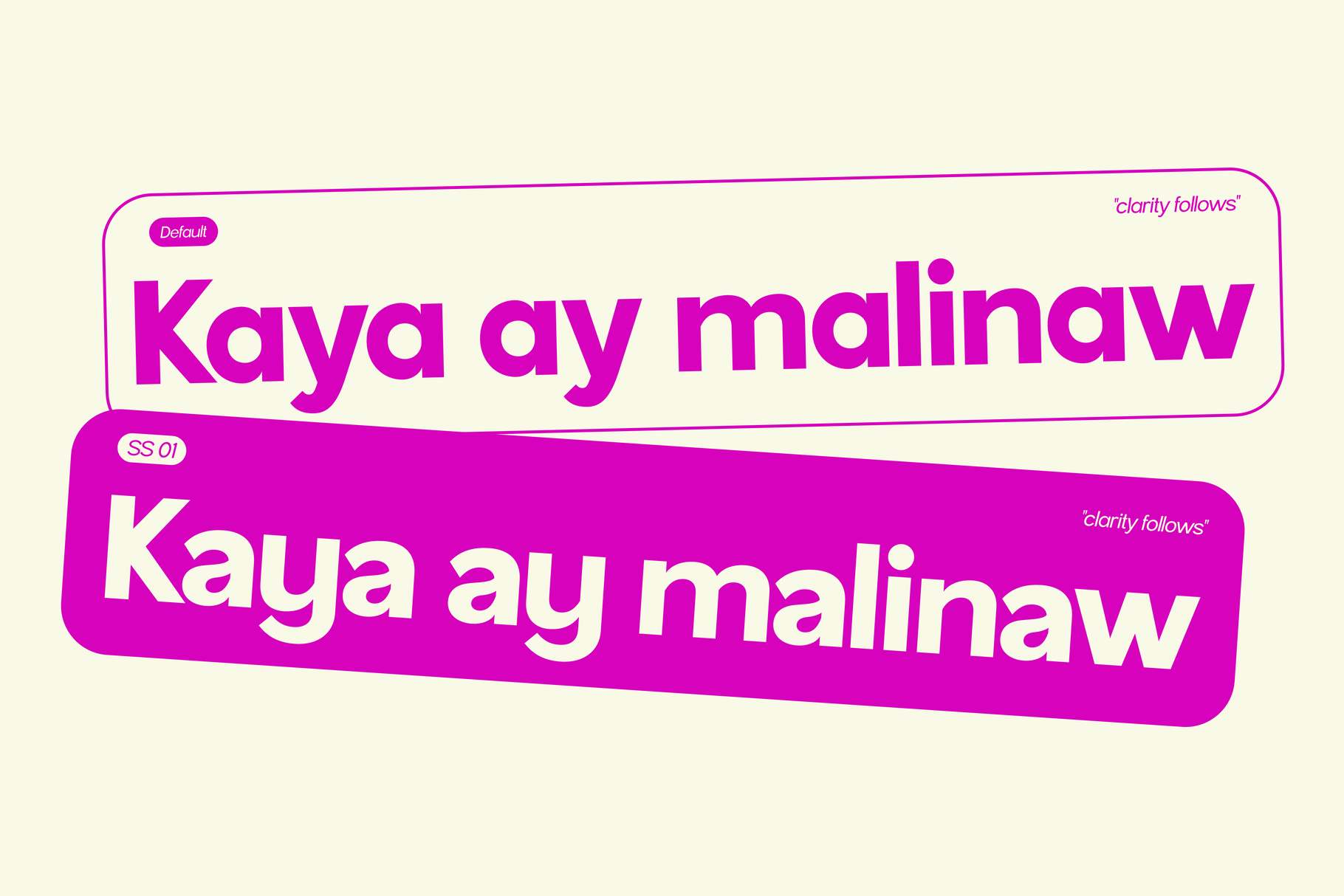 Bright magenta rounded banners with "Kaya ay malinaw" text in two style variations on cream background