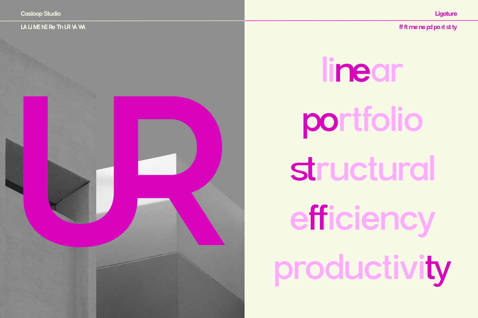 Split screen mockup showing magenta UR letters on gray with cream side displaying Ligature font specimen