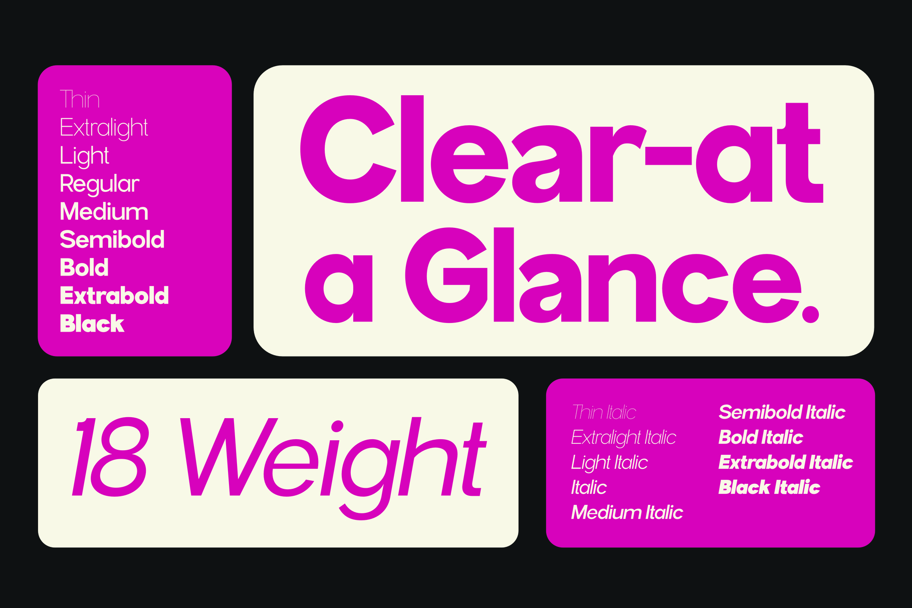 Bright magenta sans serif font displaying 18 weights from thin to black with italic variations included