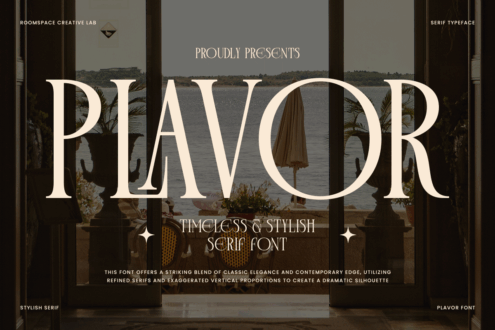 Serif typeface sample showing Plavor font with dramatic proportions displayed on luxury interior