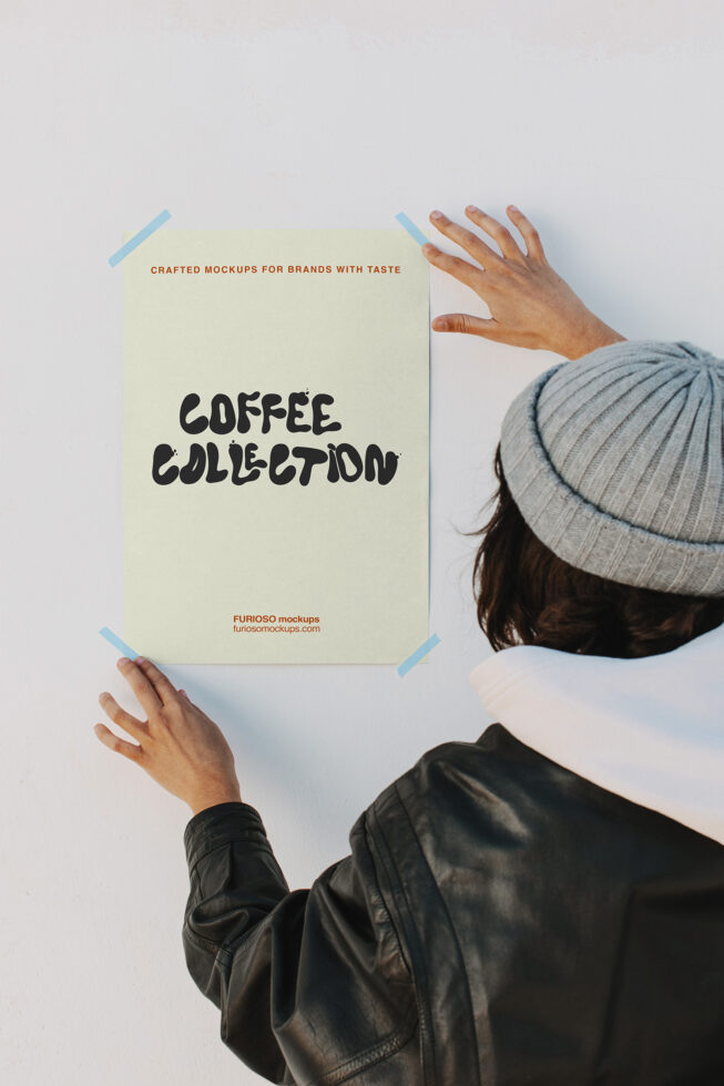 Hands holding cream poster with coffee collection text mockup