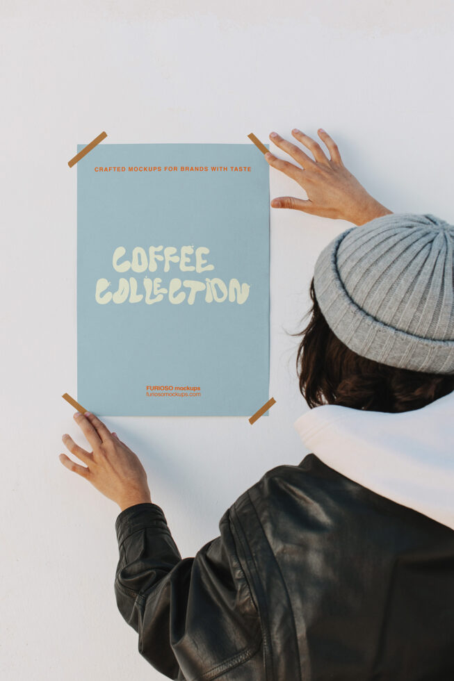 Hands holding blue poster with coffee collection text mockup