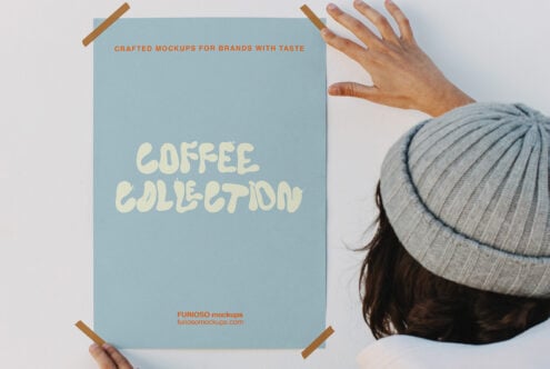 Hands holding blue poster with coffee collection text mockup