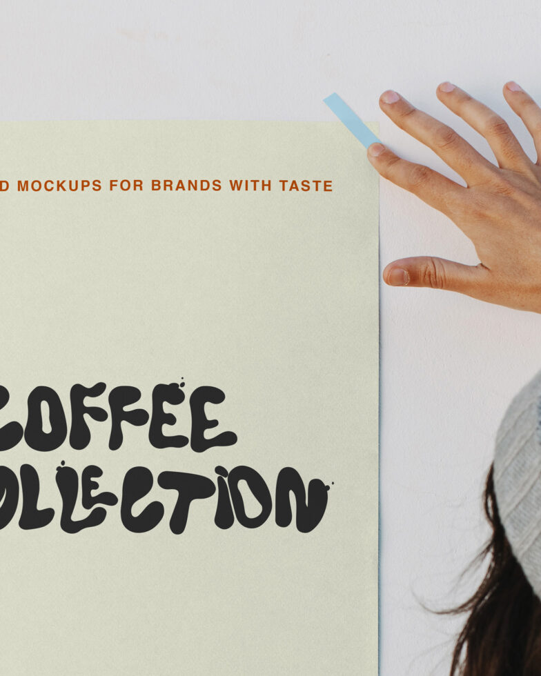 Hands holding cream poster with coffee collection text mockup