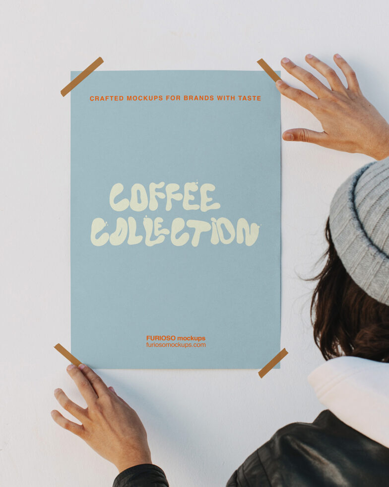 Hands holding blue poster with coffee collection text mockup
