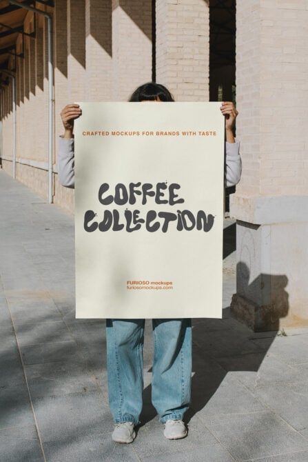 Woman holding cream poster with dark text saying Coffee Collection in urban setting