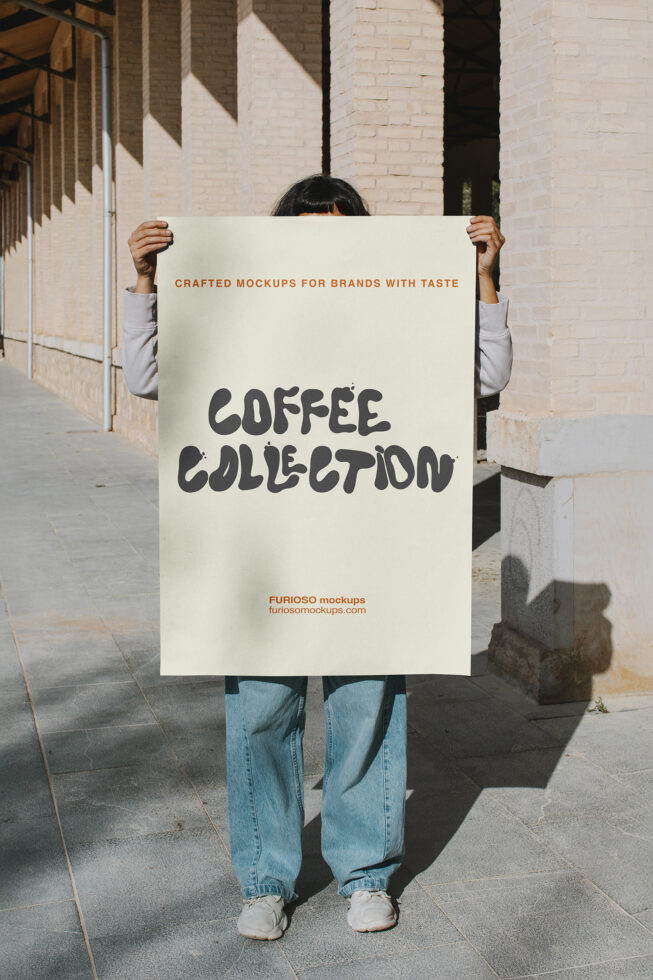 Woman holding cream poster with dark text saying Coffee Collection in urban setting