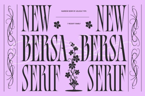 Narrow serif font family displayed in large text on pink background with vines