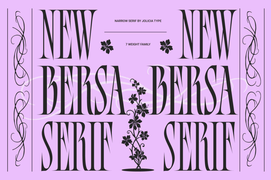 Narrow serif font family displayed in large text on pink background with vines