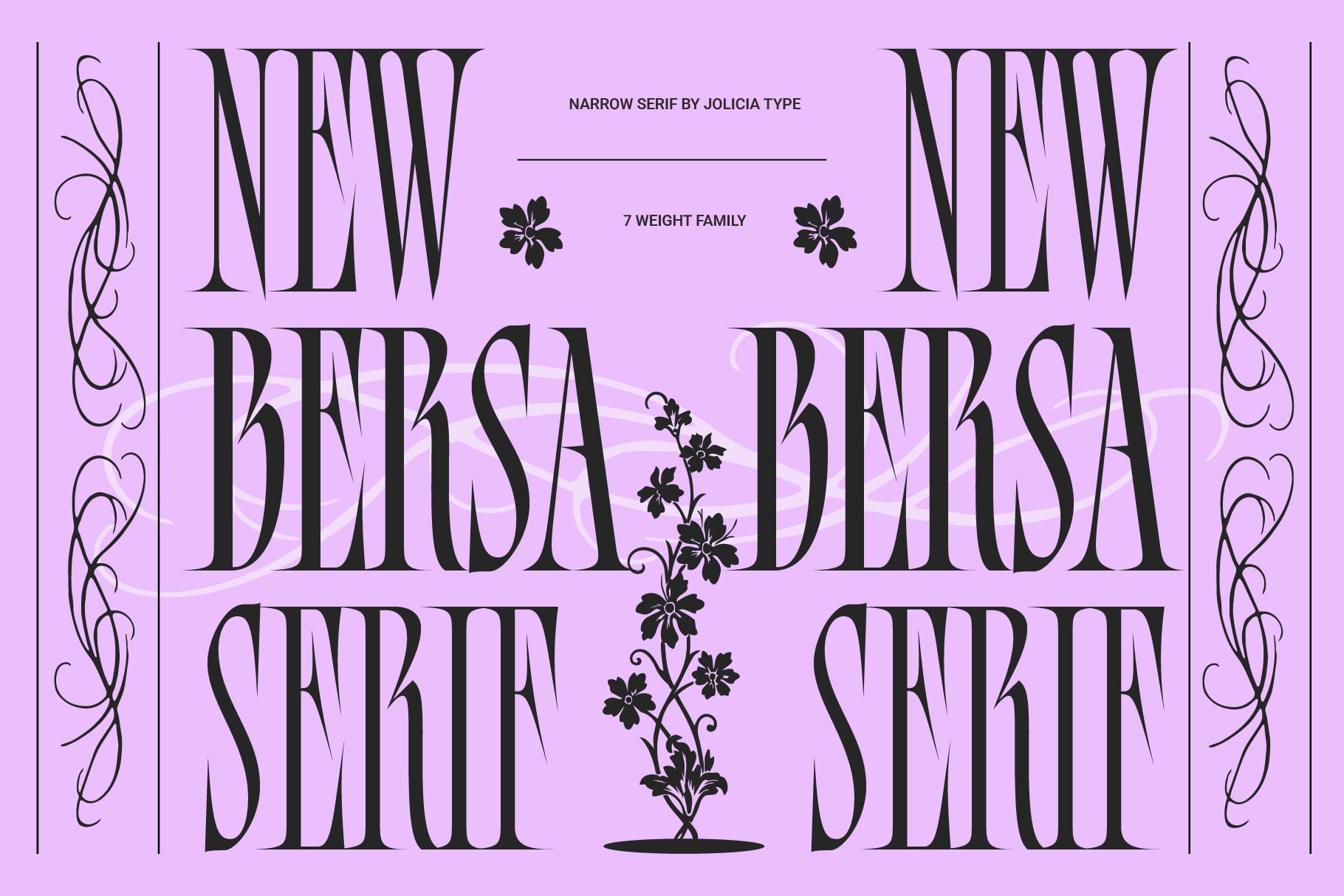 Narrow serif font family displayed in large text on pink background with vines