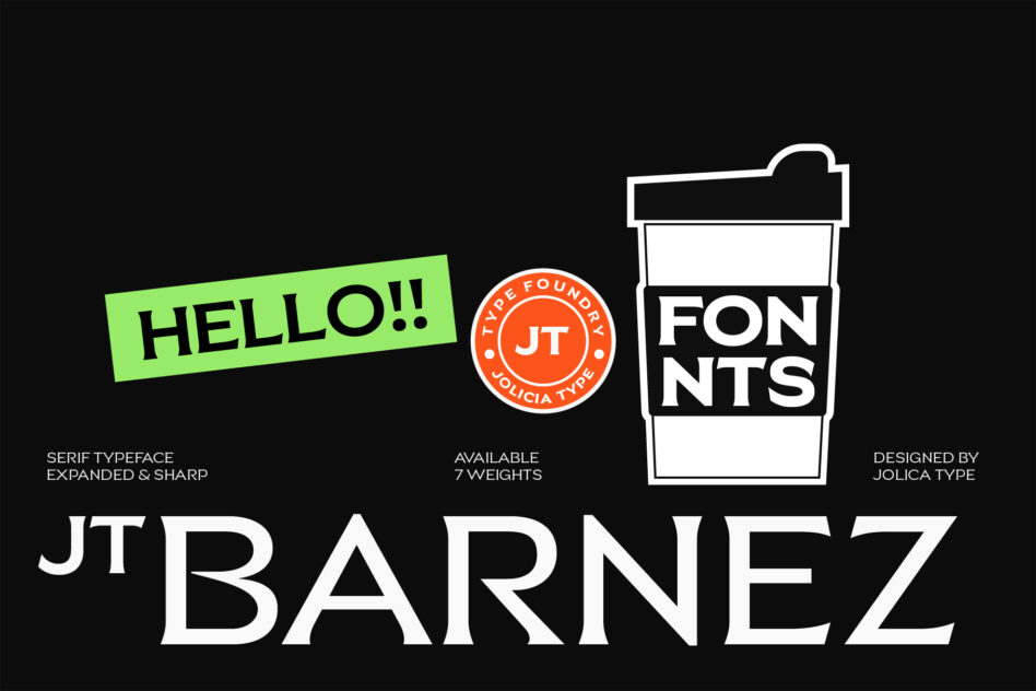 JT Barnez serif font with expanded sharp letterforms, 7 weights shown