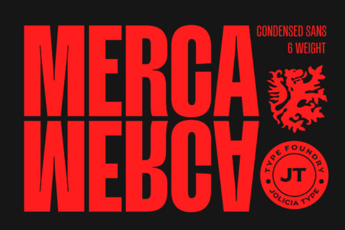 Merida Wedoh condensed sans-serif font display with heraldic symbols on black
