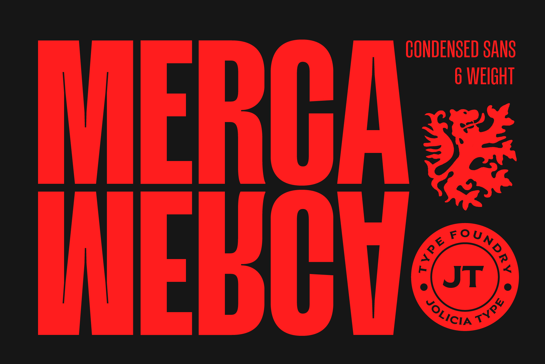 Merida Wedoh condensed sans-serif font display with heraldic symbols on black