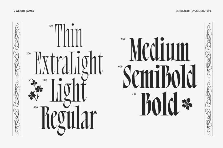 Bersa serif font weight samples showing thin through bold styles on white