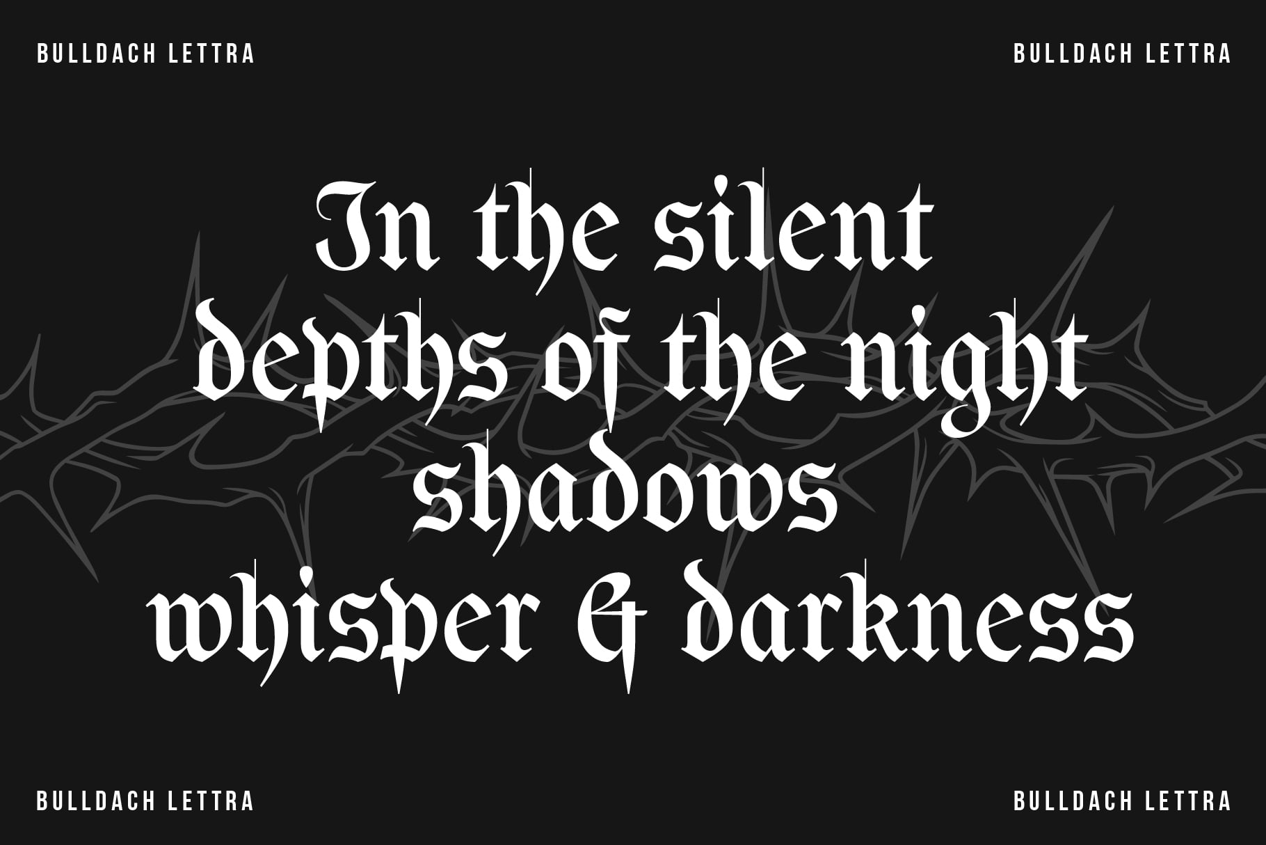 Dark layout with white gothic text reading In silent depths night shadows