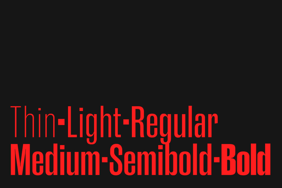 Red geometric sans-serif typeface weights from Thin to Bold on dark background
