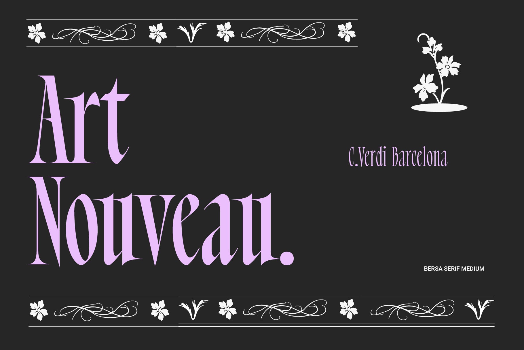 Art Nouveau design with pink serif text on dark background, floral ornaments