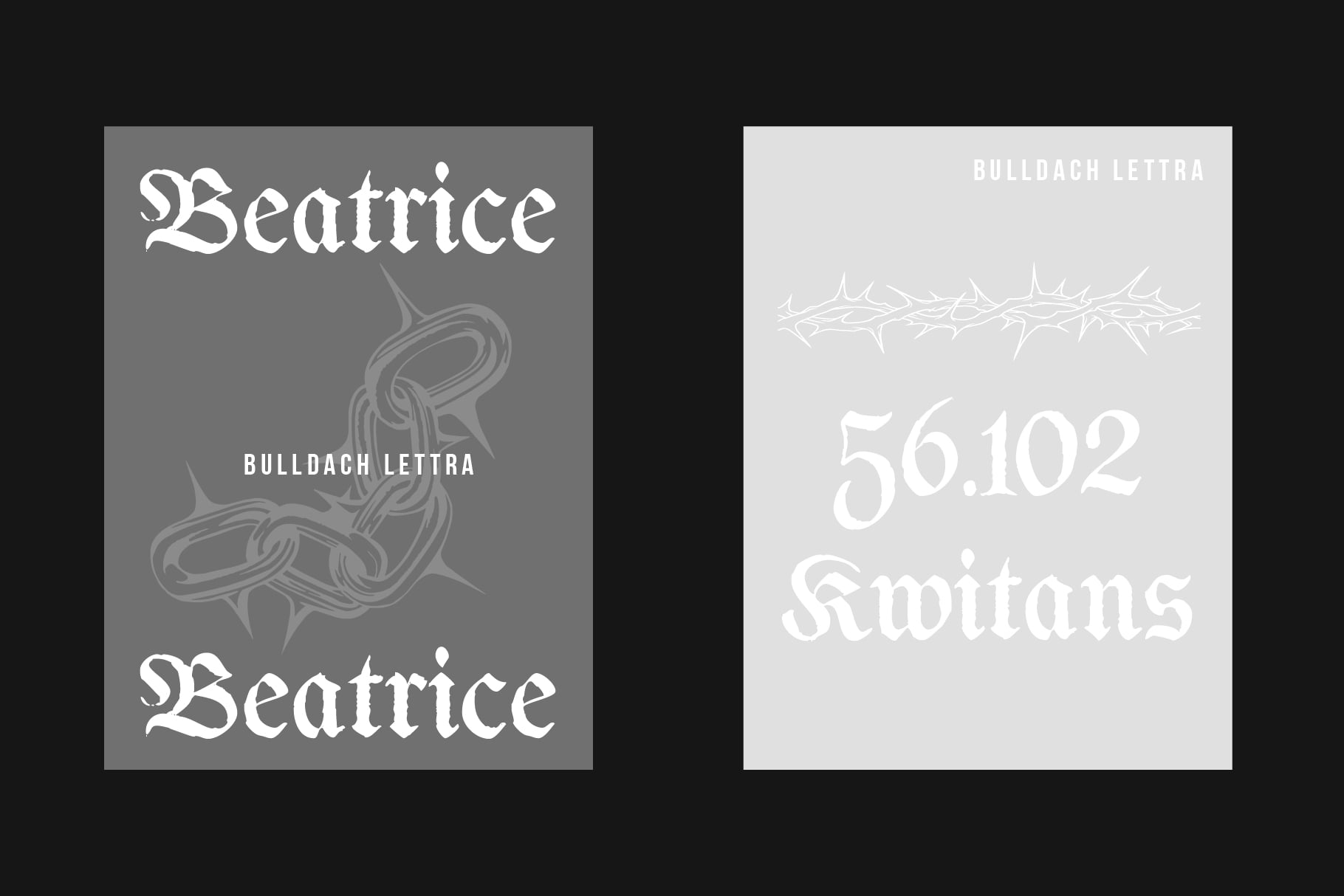 Two square layouts showing Beatrice font with ornamental thorn details