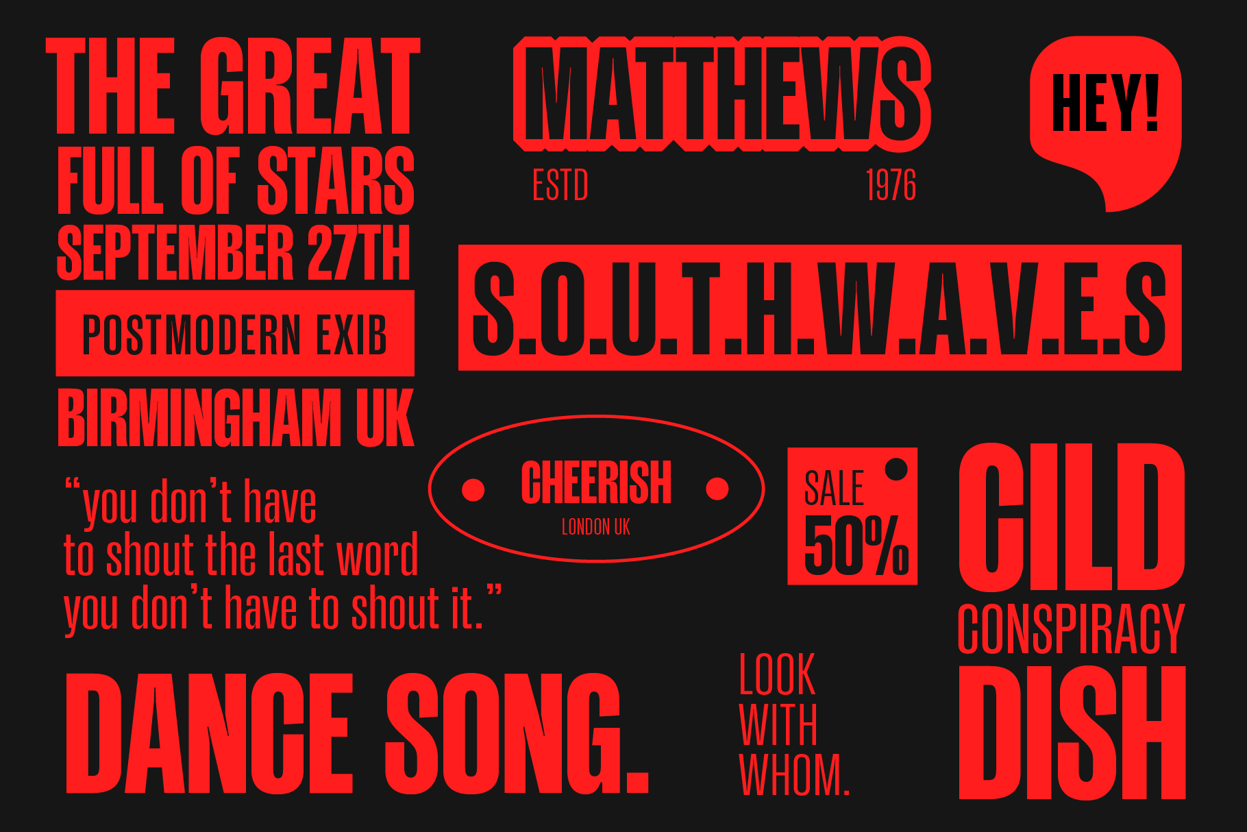 Bold red sans-serif typography layout with band names, dates, quotes on black