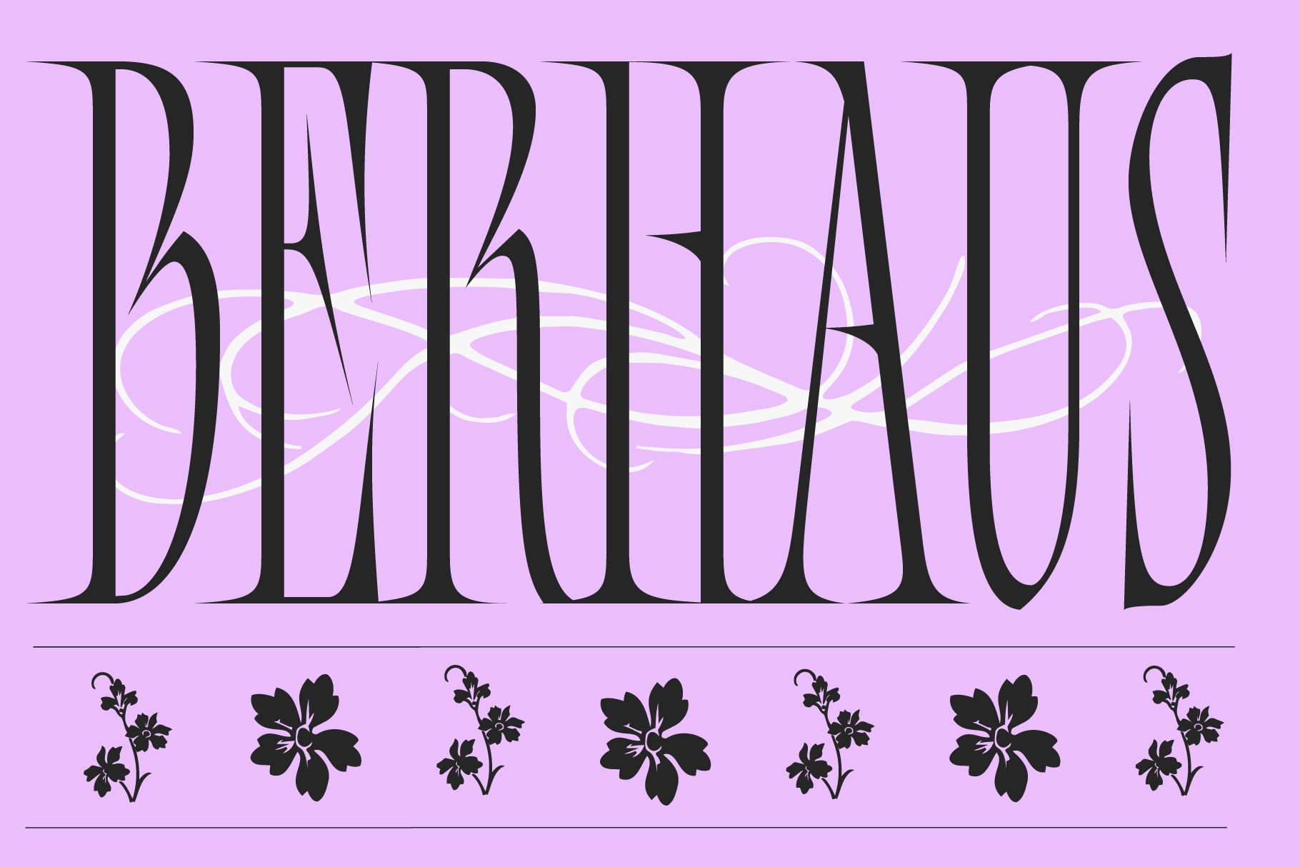 Bersa bold display font on lavender with ornamental flower dividers throughout