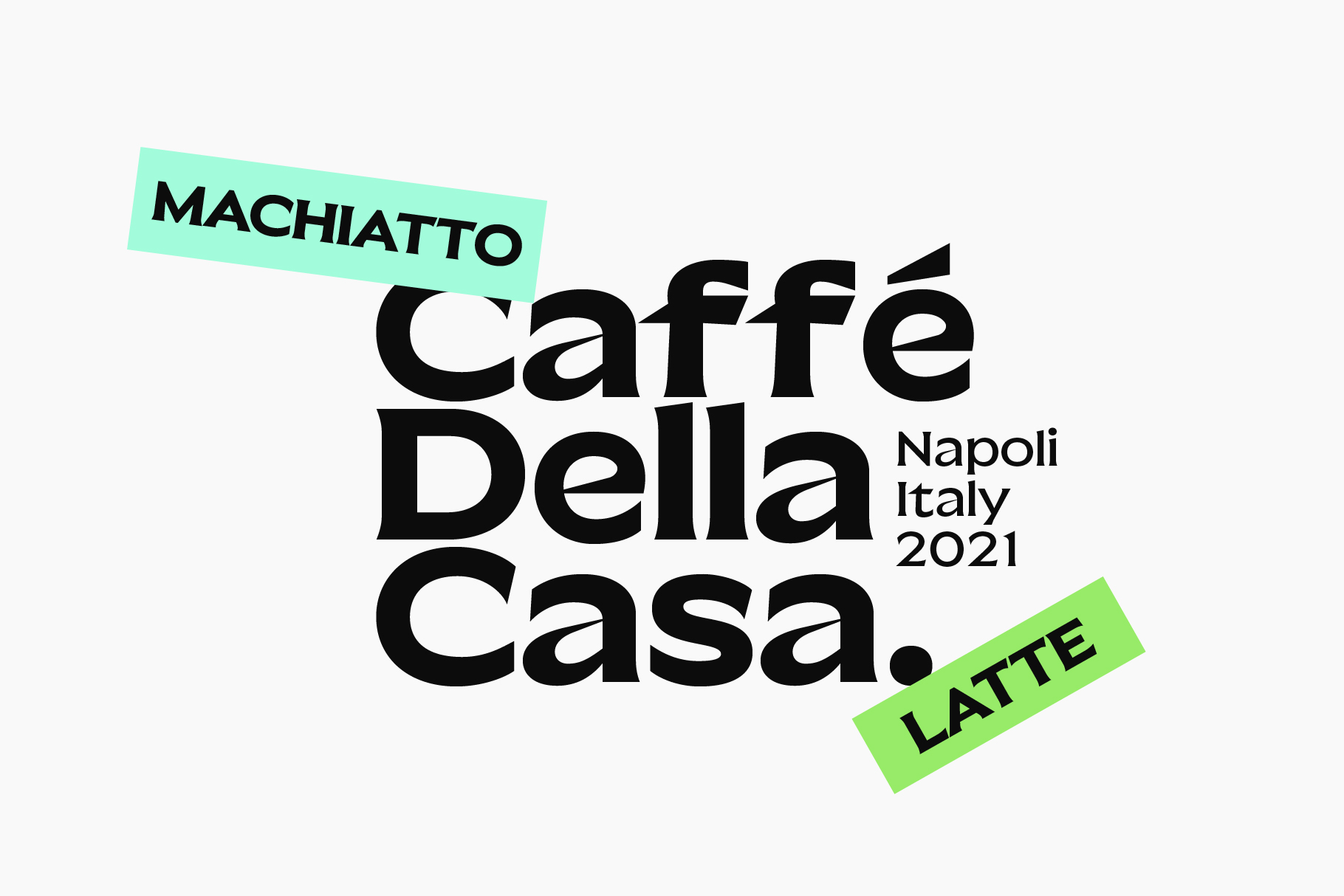 Italian cafe branding with serif type names overlaid with neon tape