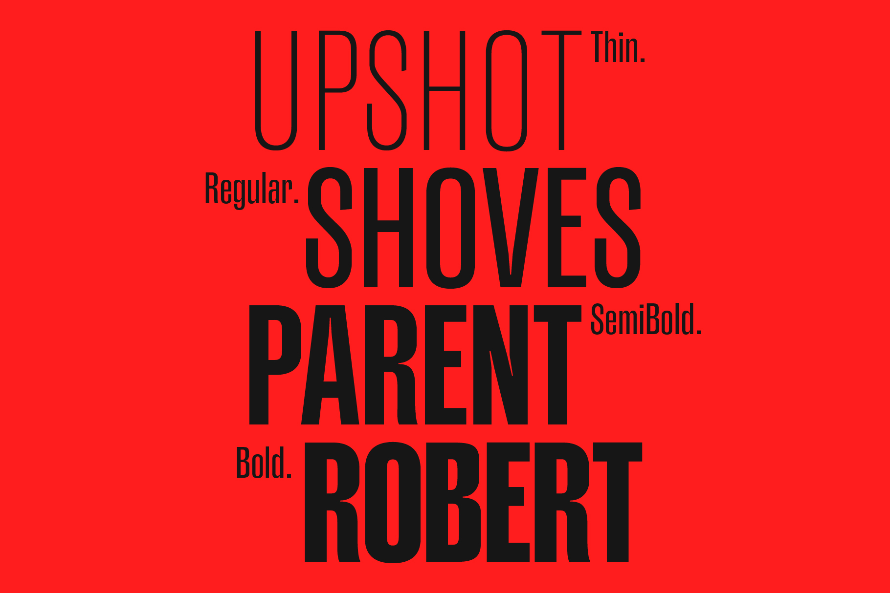 Upshot font family showing Thin, Regular, SemiBold, Bold weights on red background