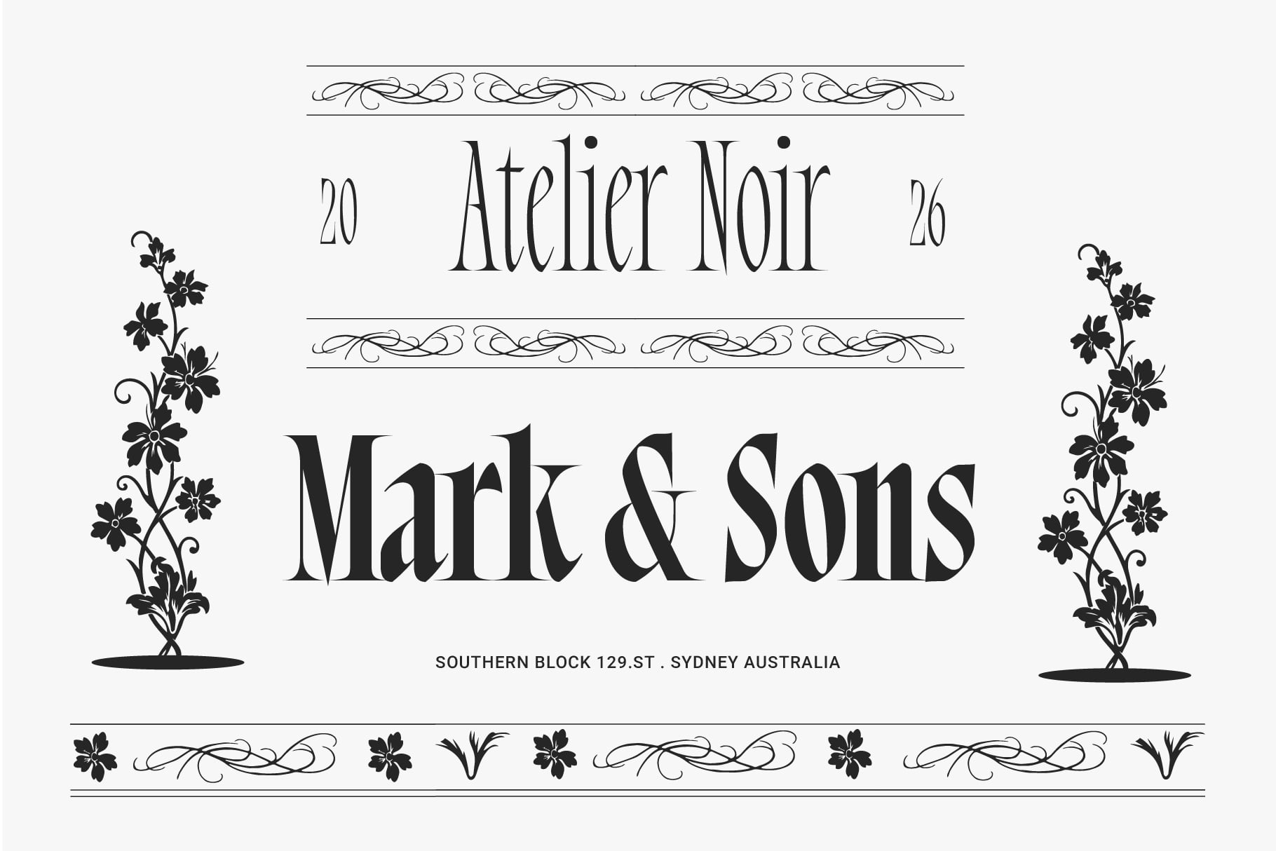 Atelier Noir business card layout with floral borders, serif type design