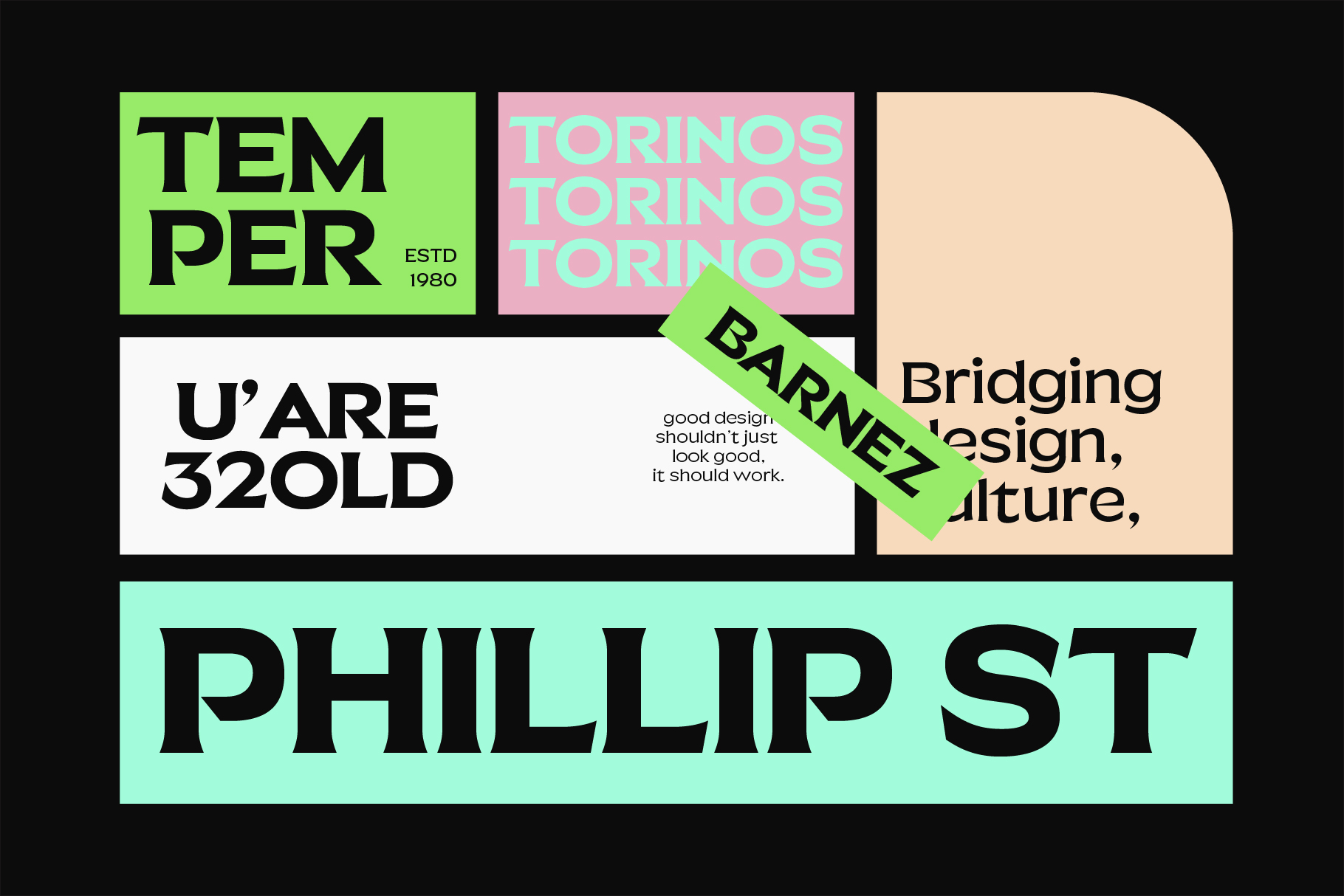 Colorful grid layout with lime, pink, cream boxes showing brand positioning