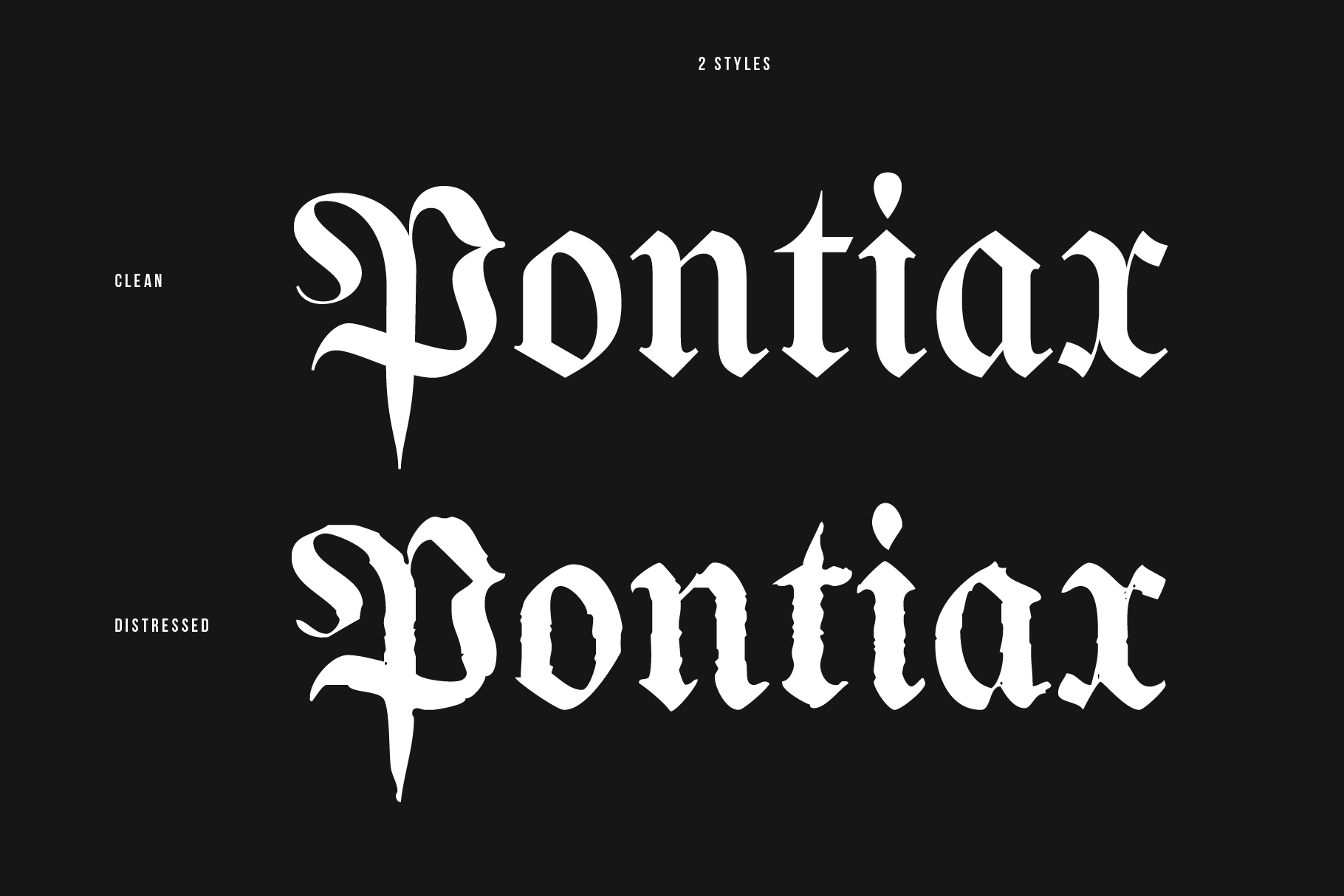 Pontiar font shown in clean style plus distressed version on dark backdrop