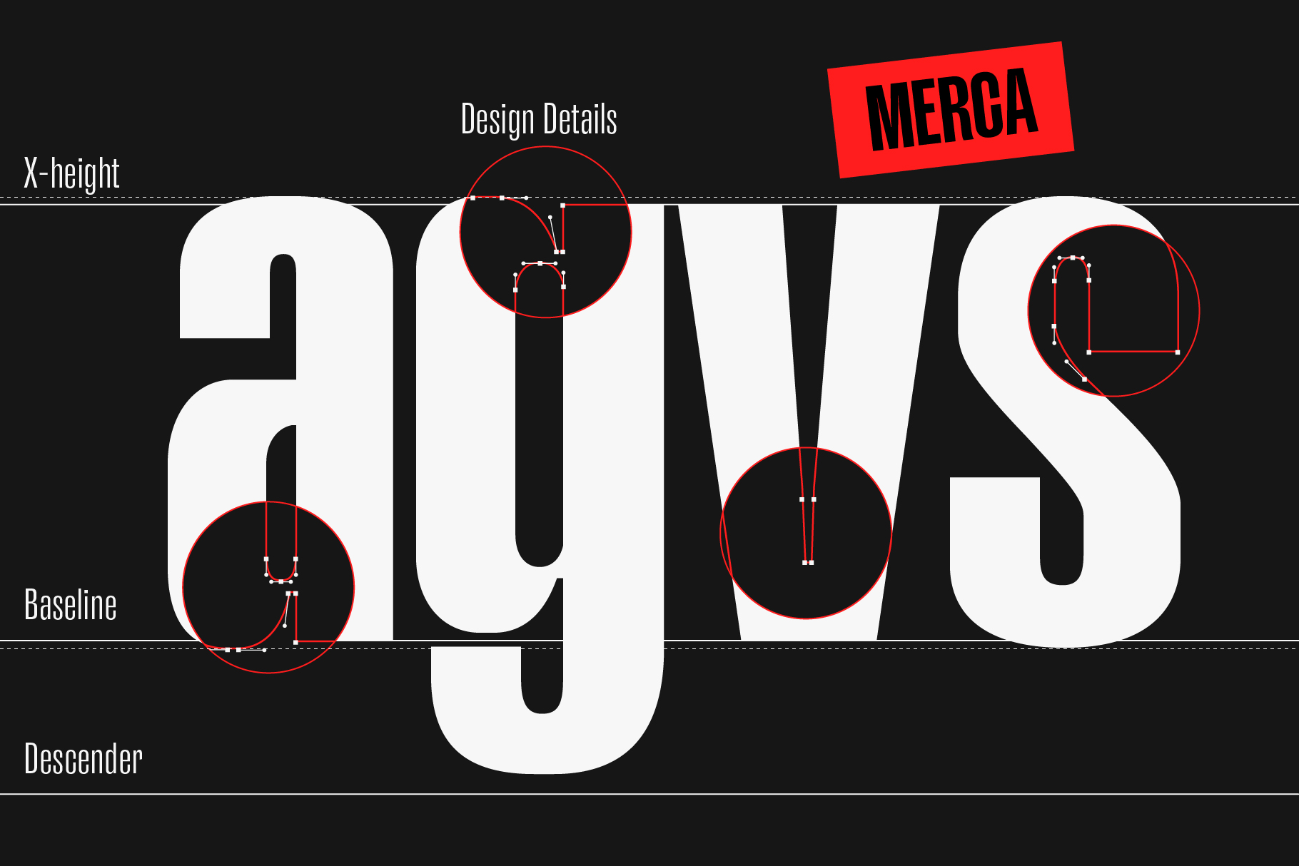Merca font technical specs with baseline, x-height, descender measurements shown