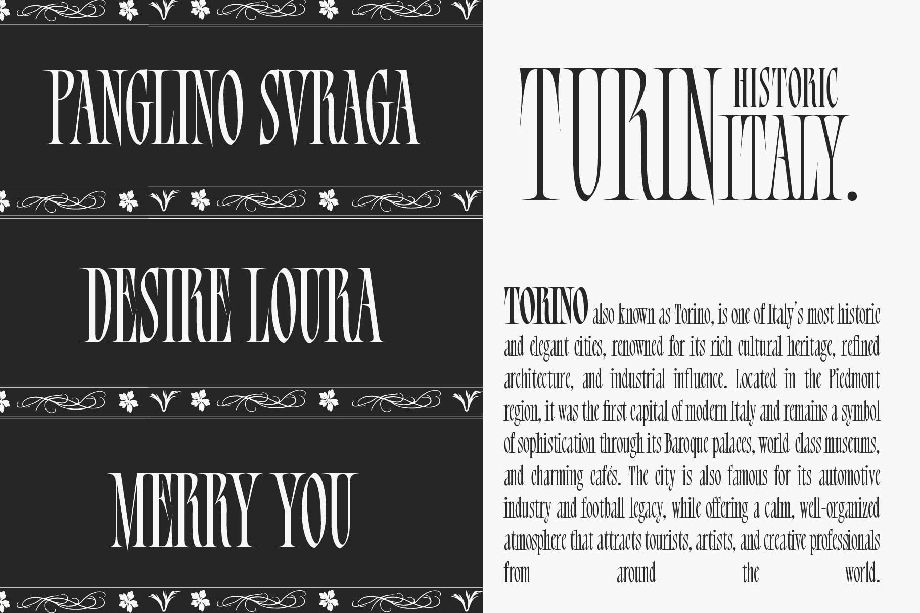 Bersa typeface with decorative ornaments, split layout black white background