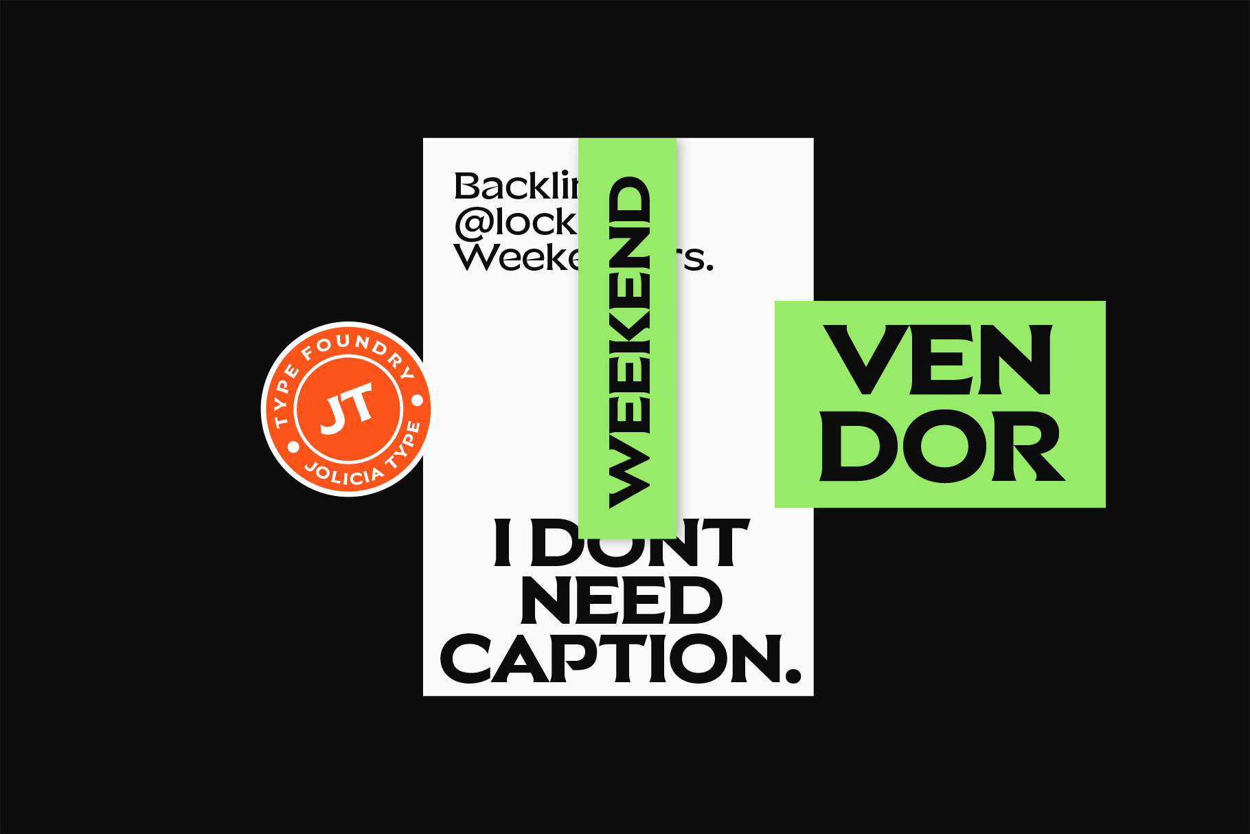Stacked layout mockup with logo, lime green label, headline text on black