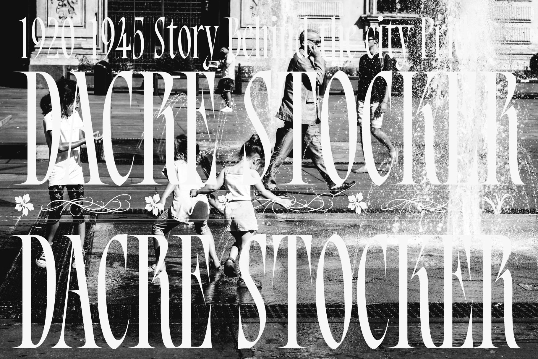 Vintage 1945 story typography overlay on black-white fountain photograph