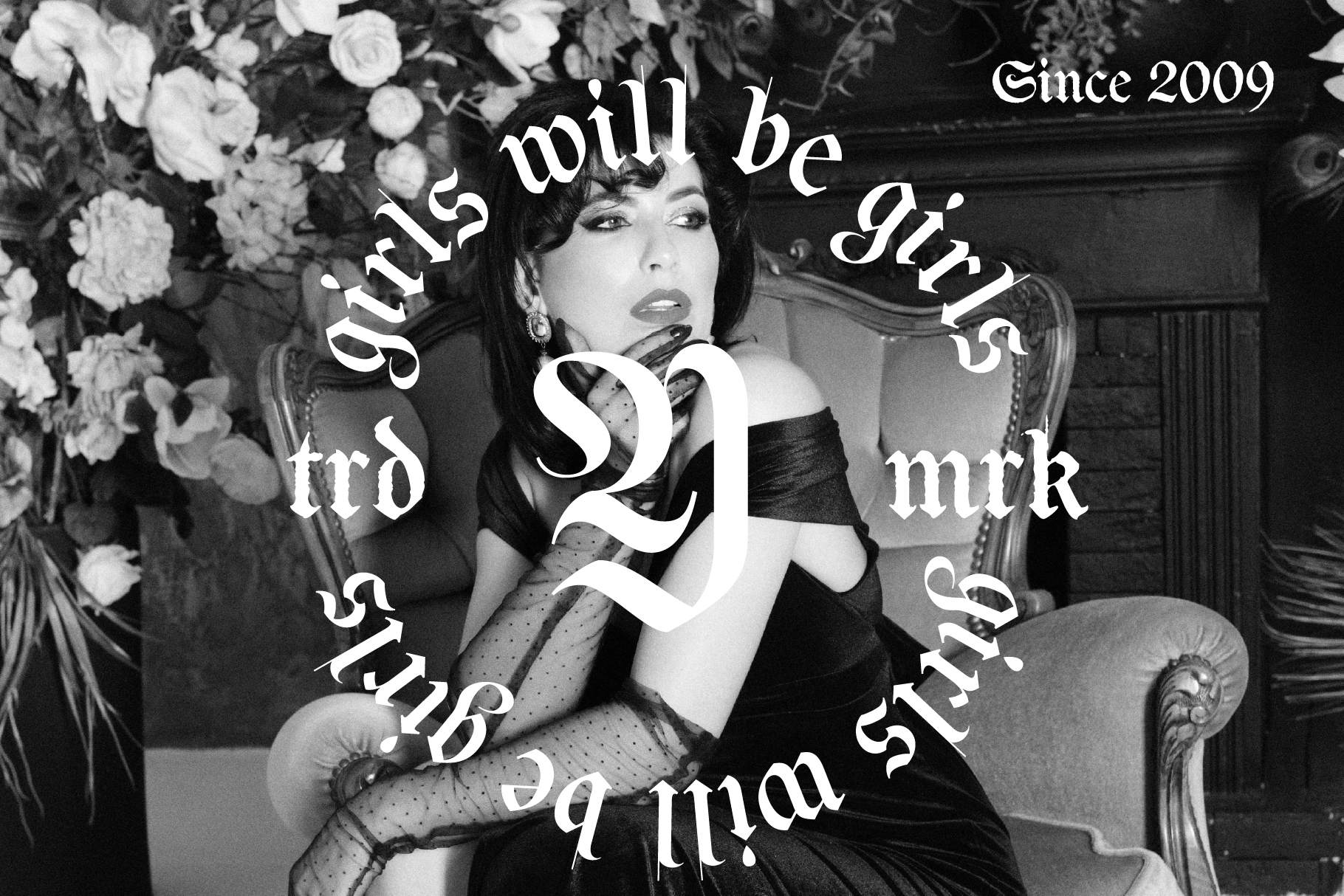 Black white portrait of woman in chair with curved text overlay, since 2009