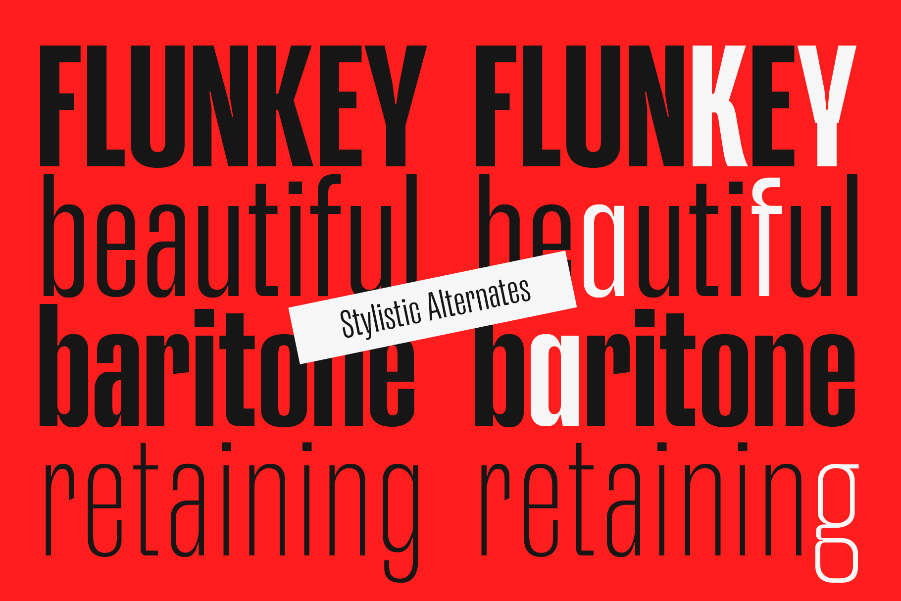Flunkey typeface in red, black with stylistic alternates label on bright red