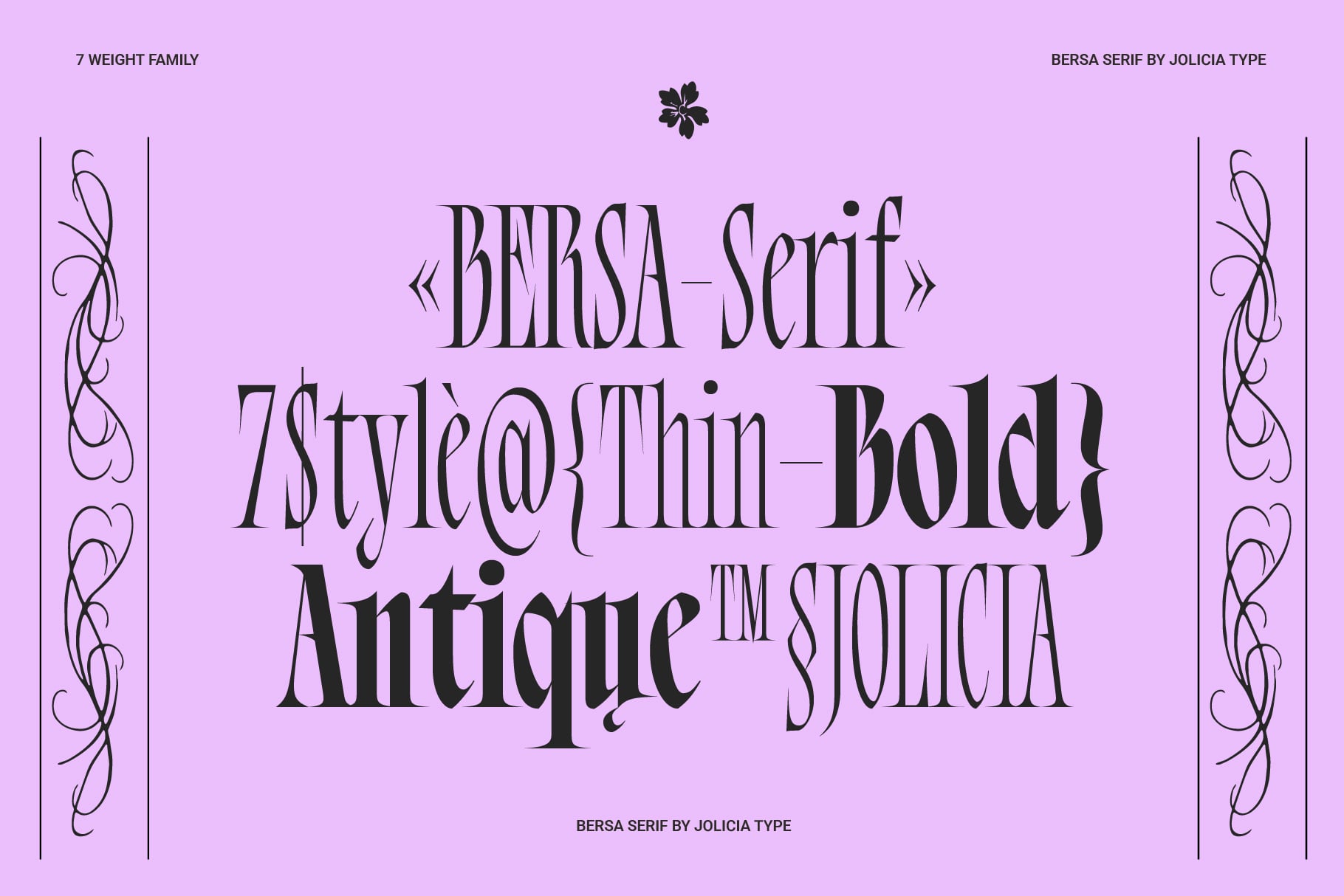 Bersa Serif 7 style weights displayed with decorative borders on lavender