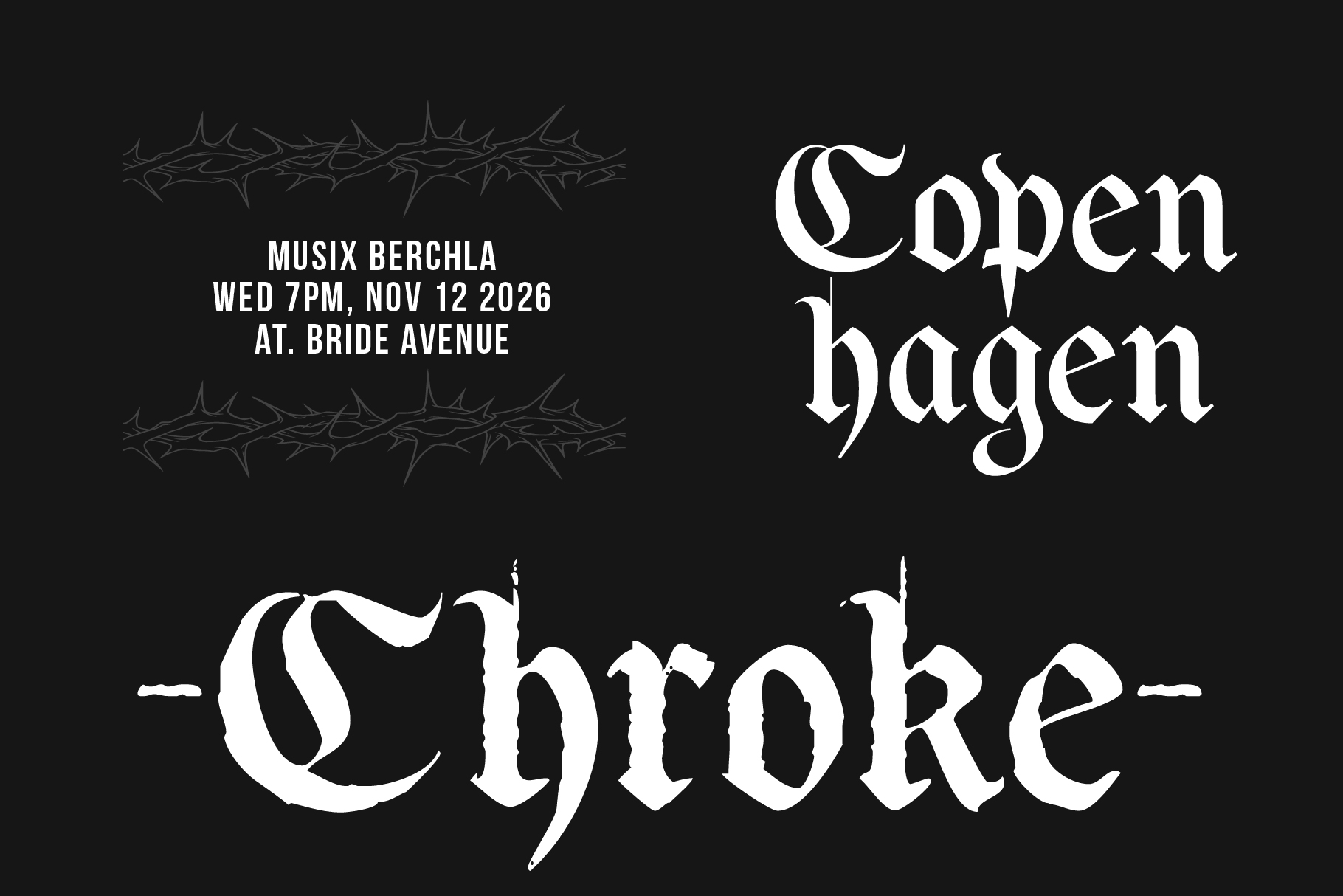 Dark poster with ornate thorns, band name Copen hagen, Eyre event details