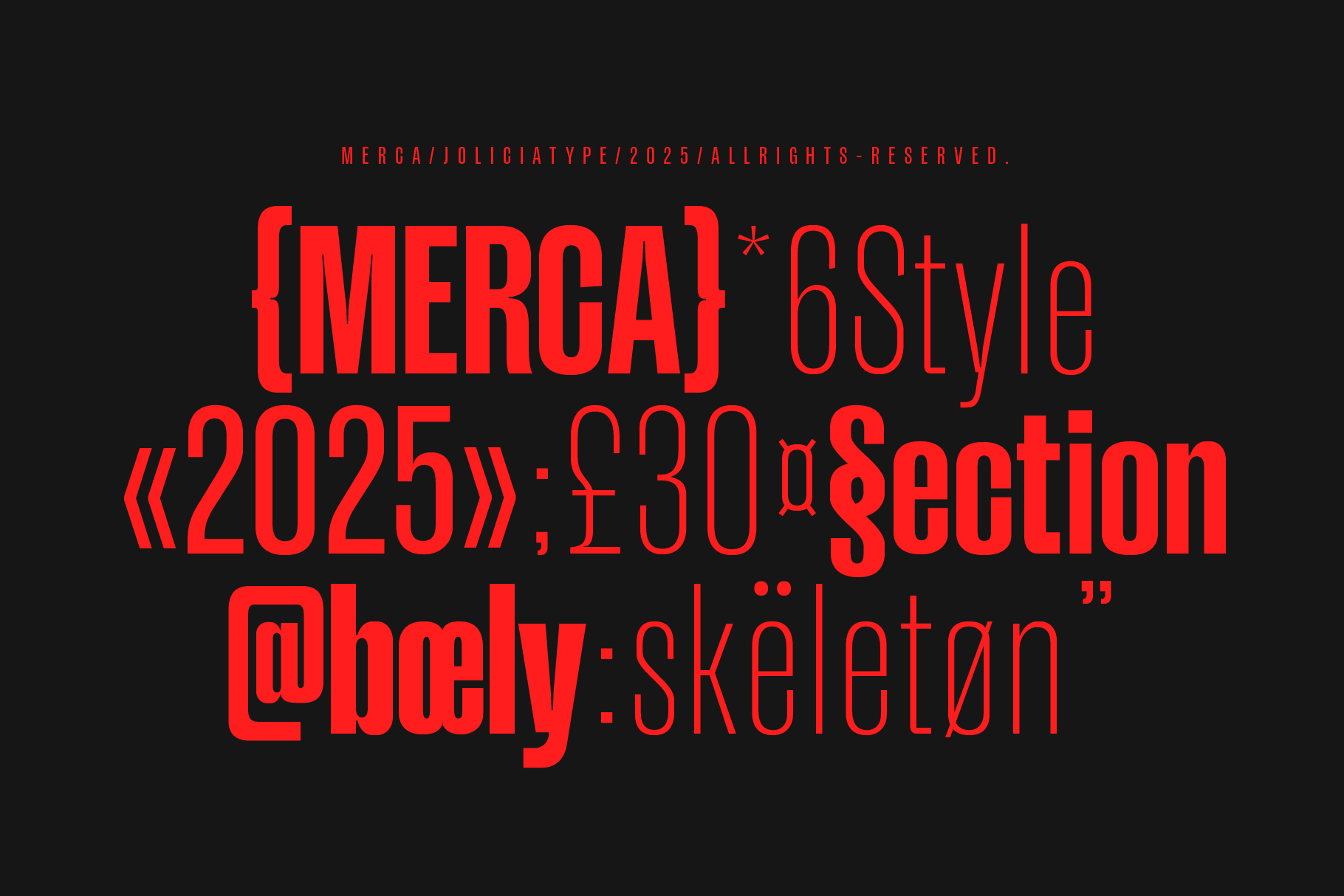 Red text showing Merca font styles, 2025, section references on black