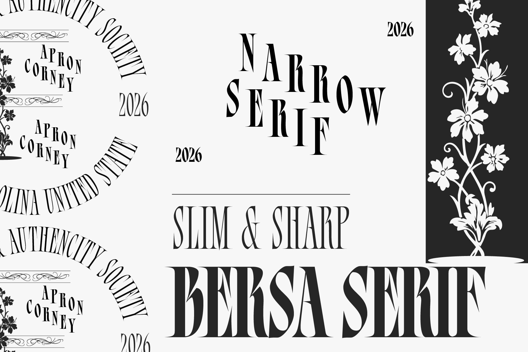 Narrow Serif Bersa typeface specimen sheet with floral ornaments, black on cream