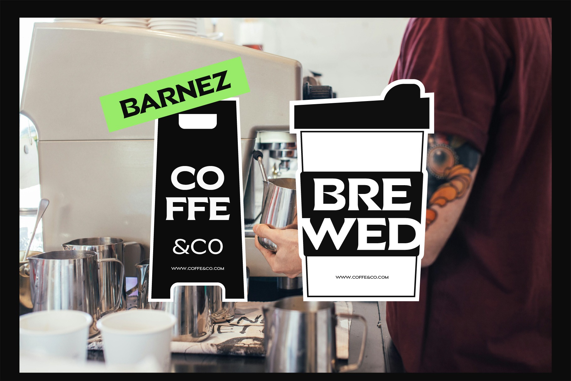Coffee shop signage mockup with neon green label over espresso cups