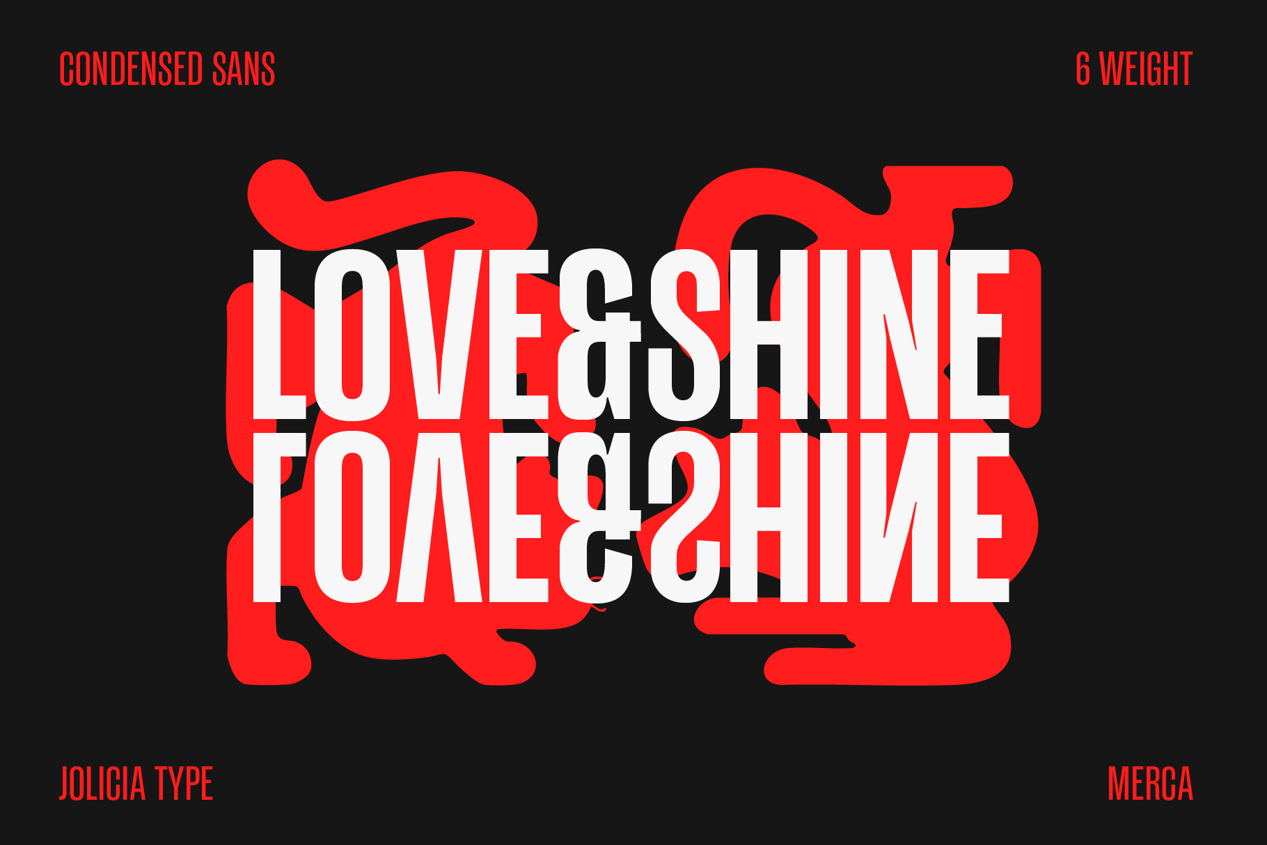 Bold red Love Shine Home typography with white outline on dark background