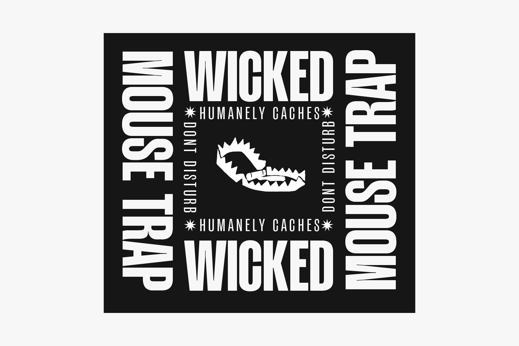 Black square with Wicked Humanely Caches text repeating around spiky mouth icon