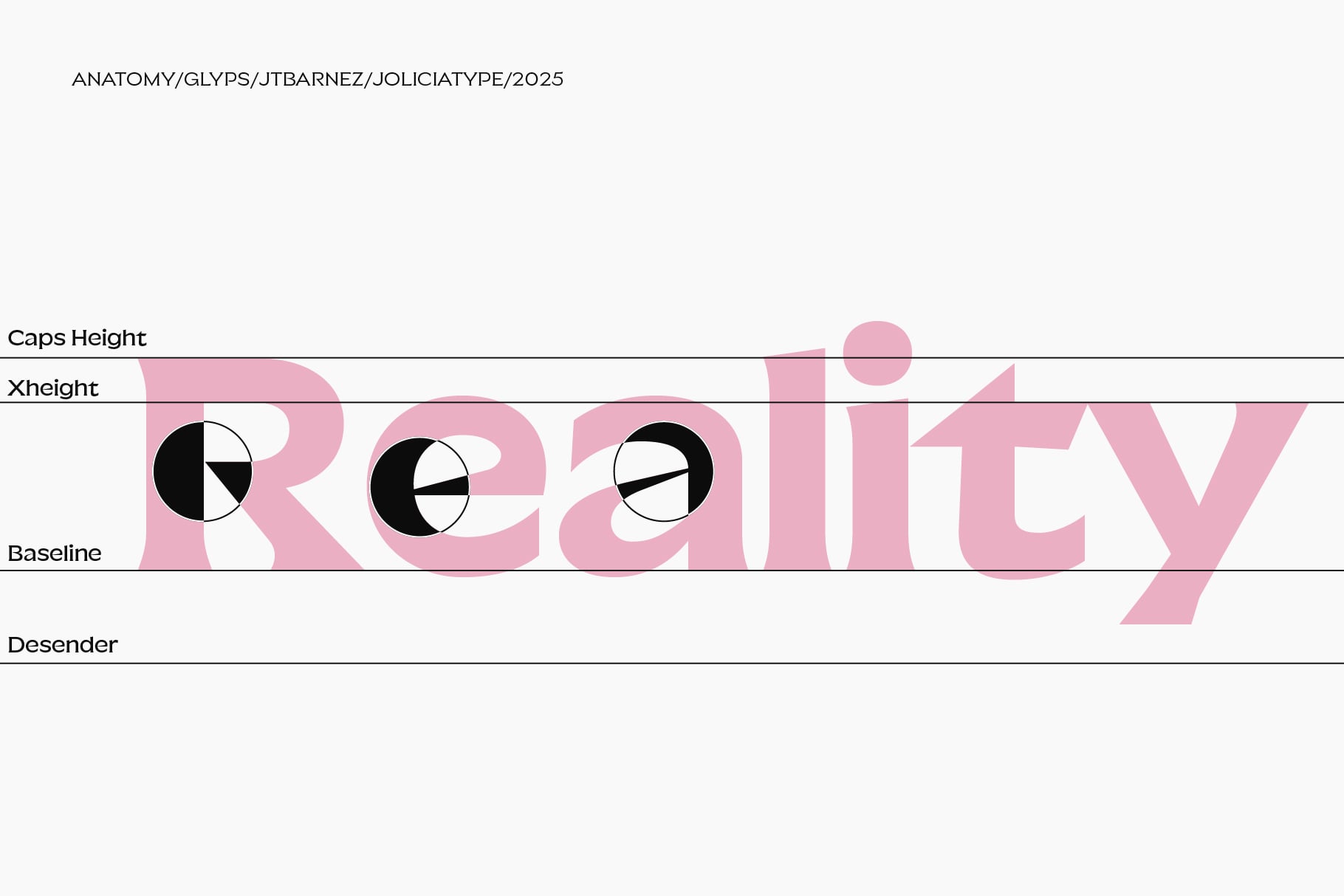 Pink typeface anatomy diagram showing caps height, baseline, descenders