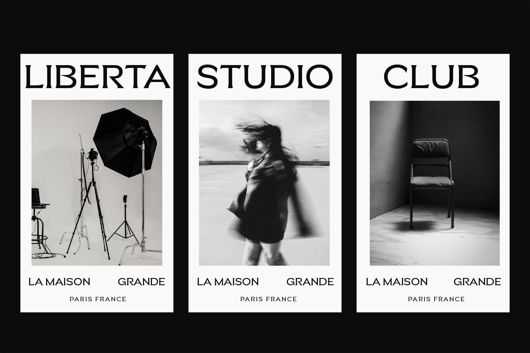 Three black poster mockups with moody photographs, Paris branding