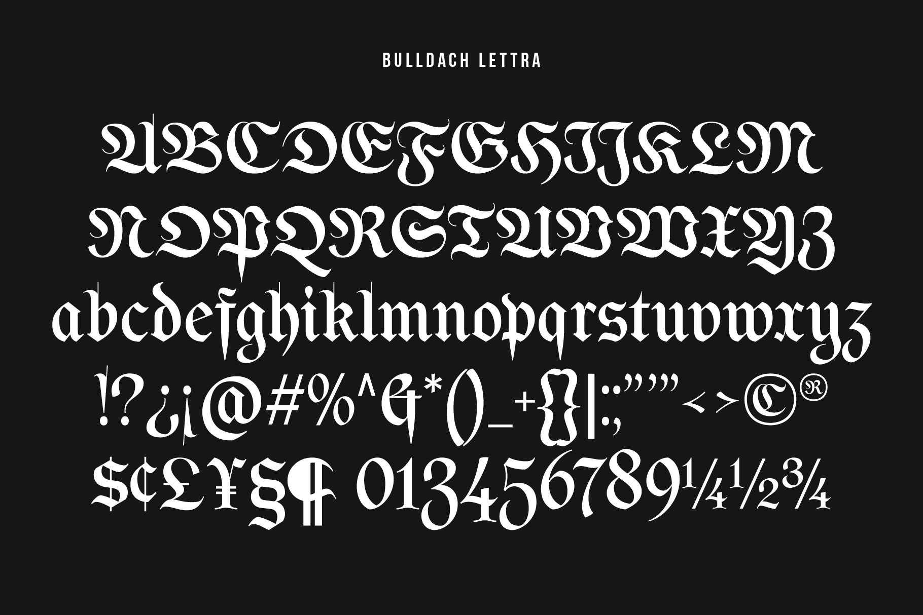 Buildach Lettra font complete character set with symbols on dark background