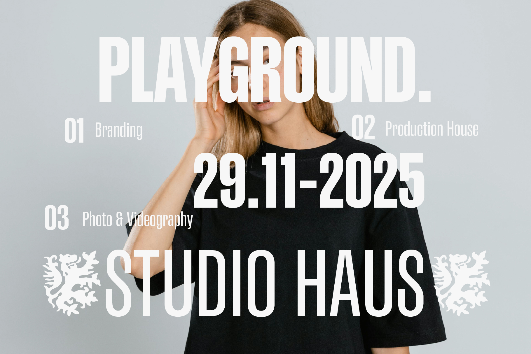 Woman in black tee with Studio Haus event poster text overlay November 2025