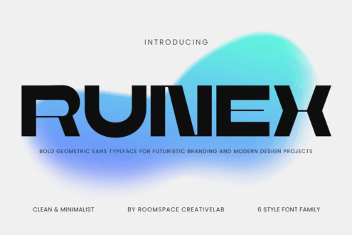 Runex bold geometric sans typeface with blue blur effect behind black letters