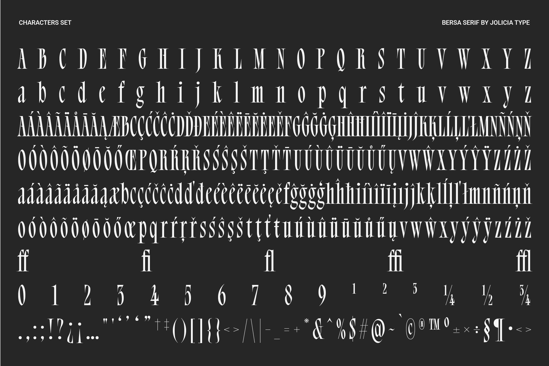 Bersa serif complete character set with accents numbers symbols on dark