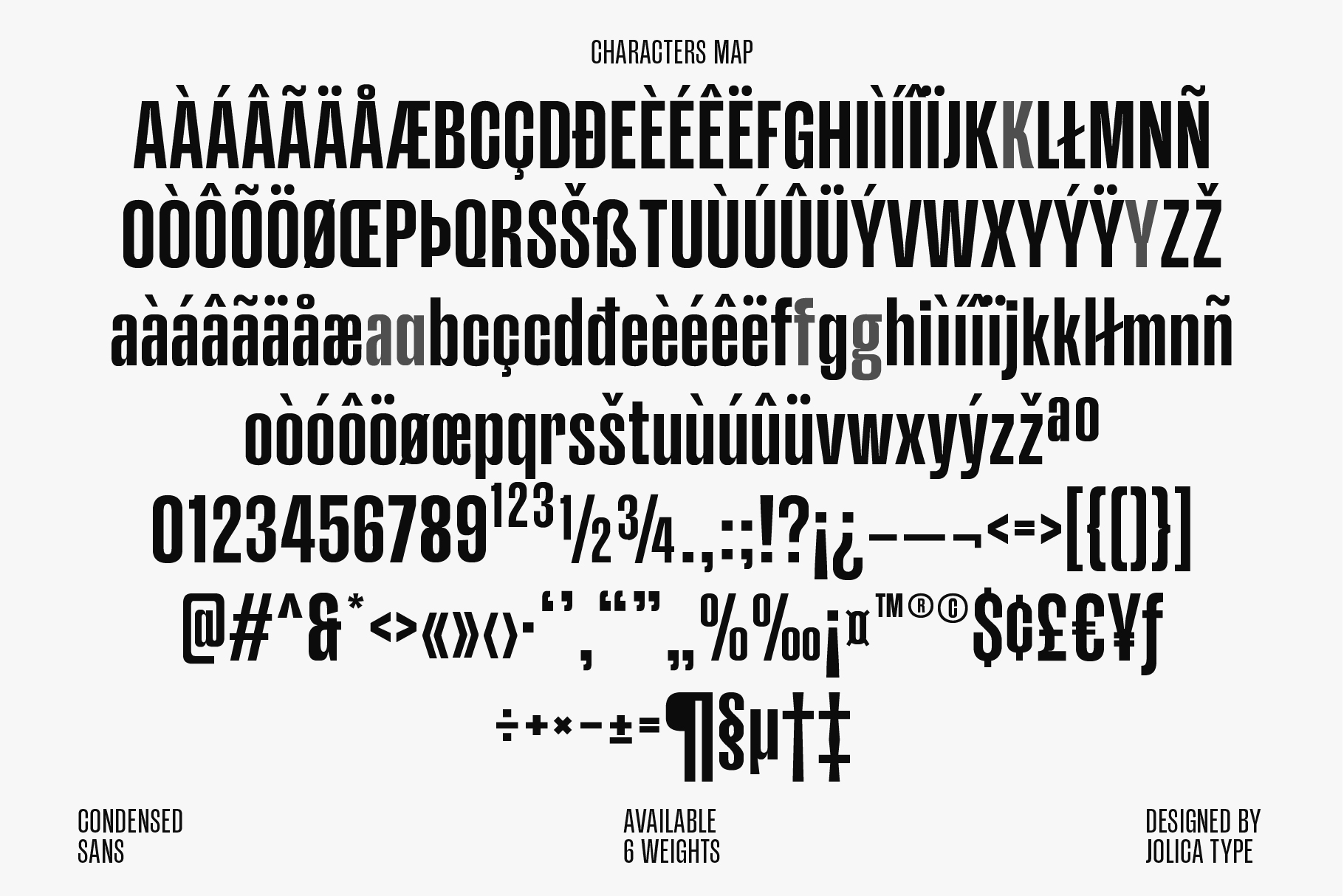 Comprehensive character set showing condensed sans serif with international accents