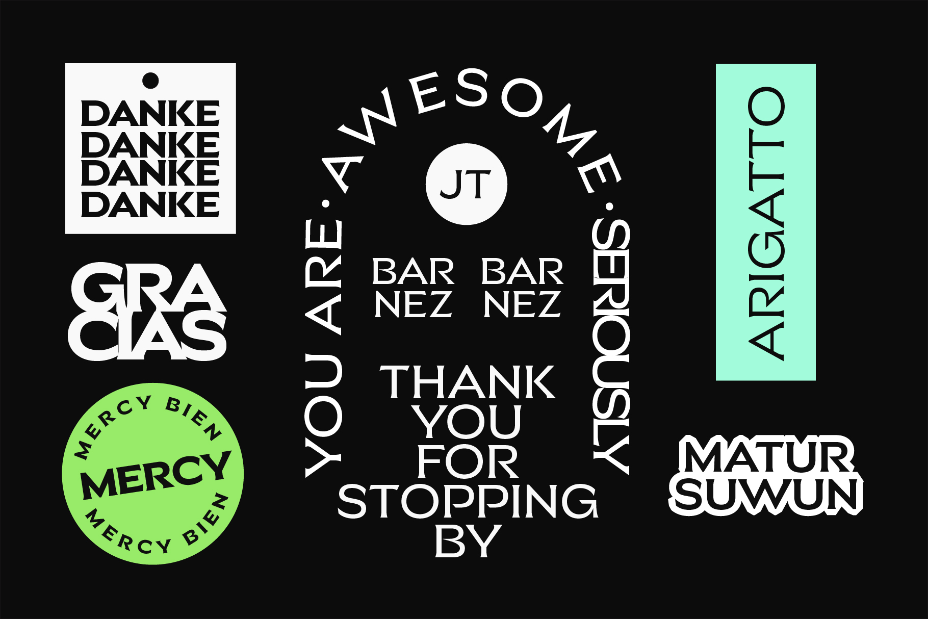 Mockup layouts with thanks messages, green accent, multiple logotypes